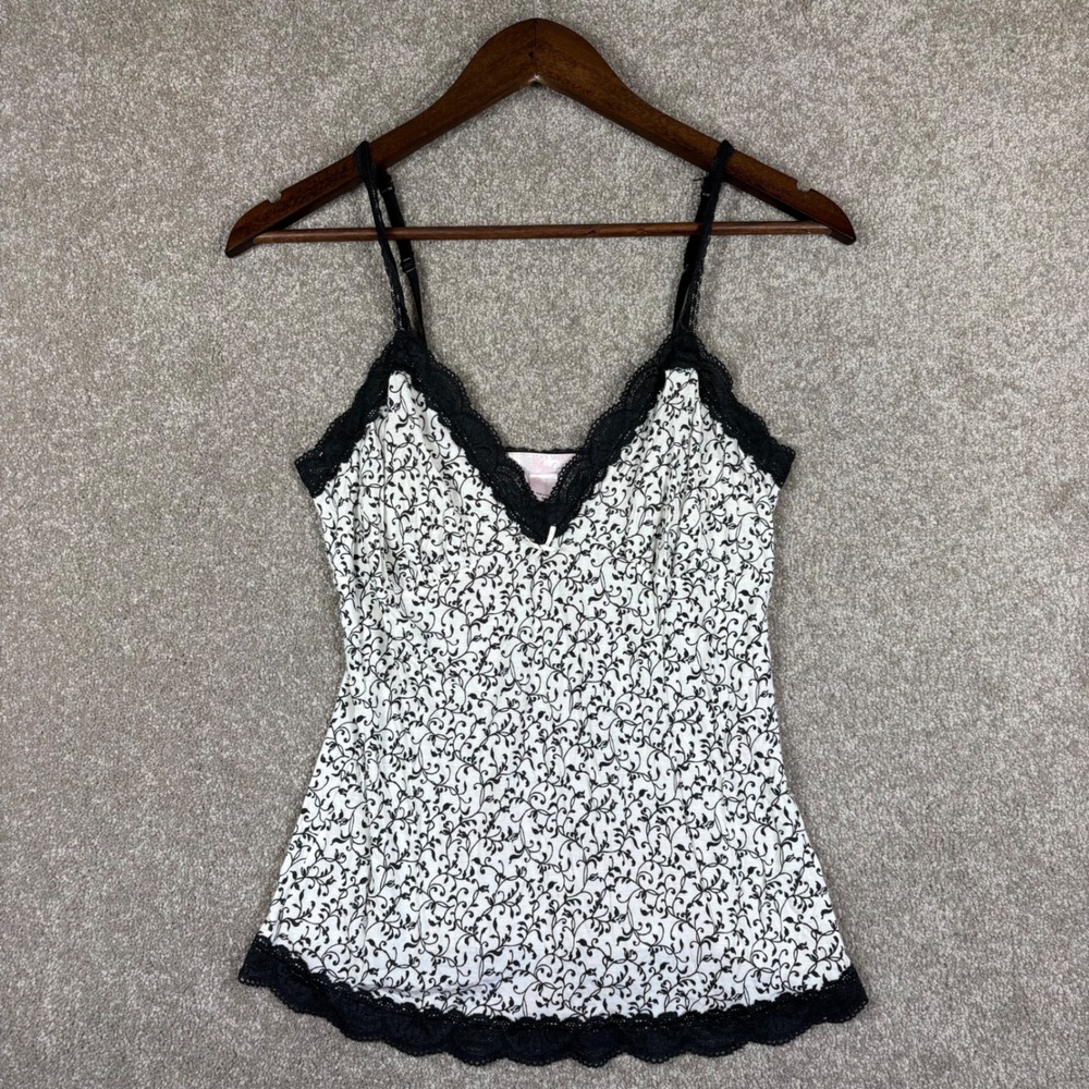 Victorias Secret Angels Camisole Top Black White Floral Lace Trim Medium